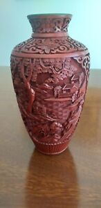Antique Chinese Cultural Revolution Red Lacquer Cinnabar Vase 