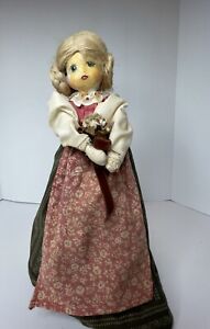 Vintage Americana Folk Art Burlap Doll Figure Hand Made 12 Holding Flowers