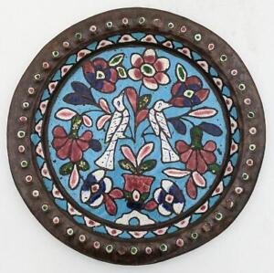Damascus Enamel Birds Flowers Antique Islamic Copper Dish 19th Century