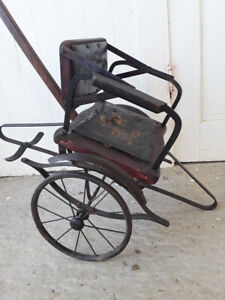 Lovely Antique Child Carriage Reversible Wood And Leather Seat Working Condition