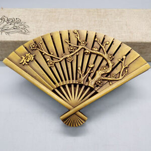6 4inch Chinese Brass Hand Carved Plum Blossom Pattern Fan Statues Ink Box Decor