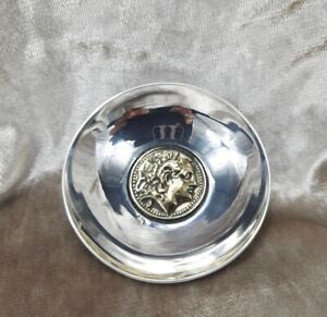 Vintage Sterling Silver Greek Dish With Coin In The Middle