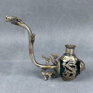 Tibet Silver Inlaid Old Jade Handmade Statue Dragon Phoenix Tiger Smoking Pipe