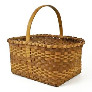 Antique Primitive Woven Dye Patterned Splint Rectangle Handled Basket