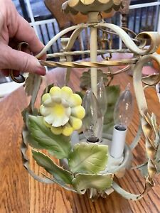 Vintage Italian Tole Painted W Gold Leafing 4 Arm Chandelier Wrought Iron