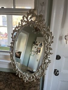 Vintage French Country Syroco White Washed Mantel Mirror Shabby Chic Style