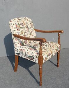 Vintage Accent Arm Chair French Country W Wine Bottles Wine Glasses Fabric