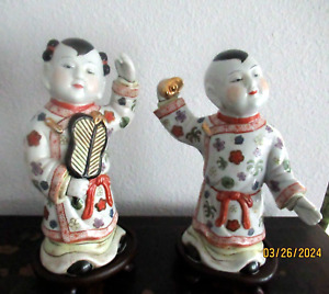 Antique Chinese Porcelain Ho Ho Boy Famille Verte 2 Figurines W Stand Mark