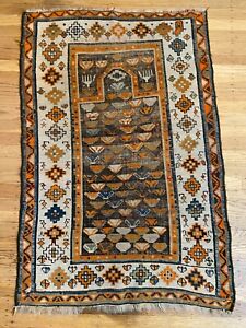 Antique Oriental Carpet Vintage Caucasian Prayer Rug 2 7 X3 10 With Hands