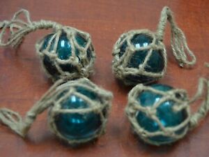 4 Pcs Reproduction Turquoise Glass Float Ball Buoy With Fishing Net 2 F 366