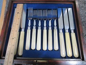 Vintage Silverplate Celluloid Lunch Flatware Set In Box