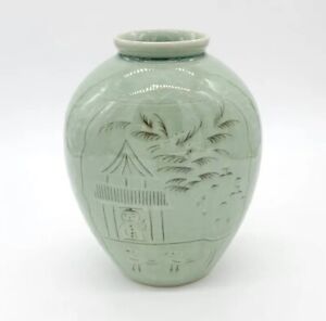 Mid 20thc Artist Signed Korean Celadon Pottery Vase With Pond Scene Person Crane