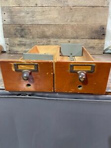 Antique Vintage Lot Of 2 Wood Library Card Catalog Drawers File Cabinet