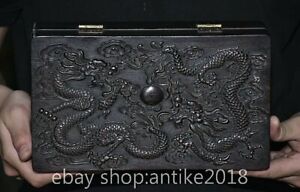 9 8 Rare Old Chinese Ebony Wood Carved Dynasty Palace Dragon Pattern Box