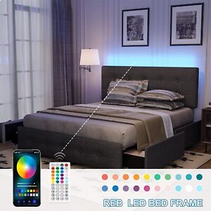 Full Queen Size Led Bed Frame Upholstered Platform Bed With 4 Drawers Headboard