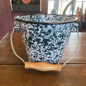 Vintage Graniteware Enamelware Green White Swirl Bucket Pail