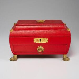 Red Wood Brass Clawfoot Victorian Georgian Sewing Jewelry Box 8 75 W Antique