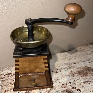 Vintage Primitive Coffee Grinder Iron Brass Dovetail Wood Antique
