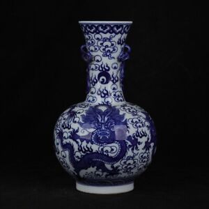 Chinese Antique Qing Dynasty Kangxi Blue White Porcelain Dragon Pattern Vases