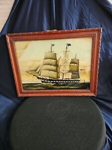 Vintage 1900s Clipper Ship Chinese Hand Painted Reverse Glass Painting Artwork 