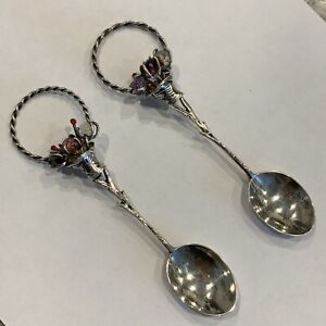 Set Of 2 Vintage 900 Silver Demitasse Spoons 3d Flower Basket Espresso Coffee