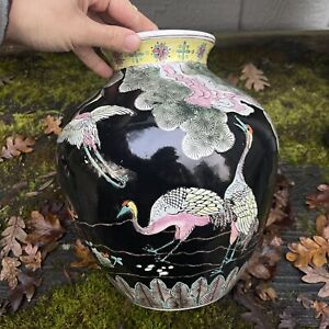 Vintage Chinese Famille Noir Porcelain Vase Cranes Ponderosa Pine