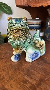 Foo Dog Vintage Figurine Chinese Glazed Blue Green Pottery Ceramics