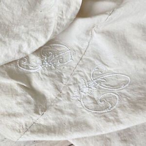 Pc Monogram Stained Sheet French Linen Cotton Blend 1880 Old Textile