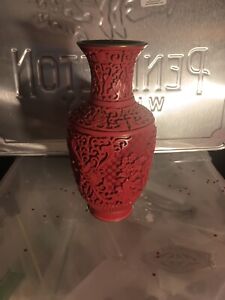 Chinese Red Finely Carved Antique Chinese Cinnabar Lacquer Landscape Vase Rare 