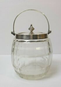 English Crystal Silver Plate Biscuit Jar Swing Handle Lid C 1900
