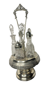 Vintage Simpson Hall Miller Embossed Victorian Silverplate Cruet Set W 5 Bottles