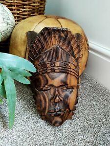 Carved Wooden Man Chinese Indian African Style Wall Mask 26cm Tall