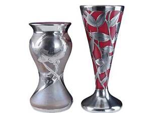 C1900 Art Nouveau Sterling Silver Overlay Art Glass Vases