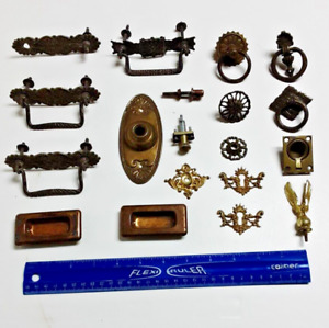 Antique Vintage Ornate Cast Brass Iron Cabinet Pull Escutcheon Hardware 19 Pcs