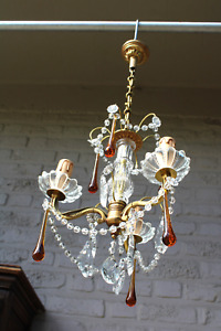 Vintage 1970 French Crystal Murano Glass Drops Clear Amber Chandelier Lamp