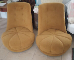 Pair Mid Century Adrian Pearsall Style Tall Back Poof Tufted Seat Swivel Chairs