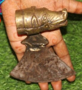 19thantique Rare Handmade Brass Pig Animal Figure On Top Iron Axe Head 5701