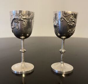 Chinese Export Sterling Silver Dragon Cordial Cup Hallmarked Set Of 2 