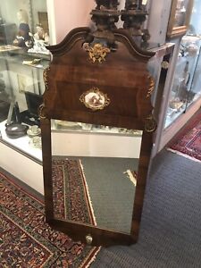 Antique French Neo Classical Walnut Veneer Wall Pier Mirror Porcelain Medallion