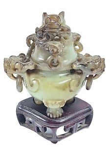 Vintage Chinese Carved Jade Tripod Incense Burner Dragon Censer