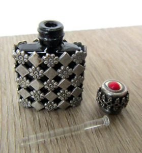 Antique Glass Snuff Bottle Sterling Silver Overlay Cap Mini Perfume Vintage