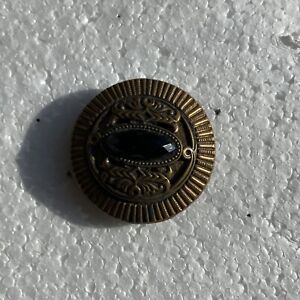 Antique Black Glass Brass Button Gay 90 S 1890 S Faceted Center Piece Large