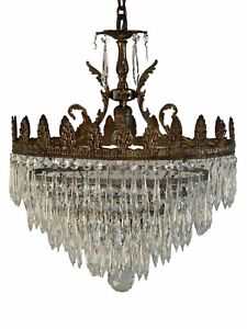 Antique French Brass Crystal Wedding Cake Chandelier Crown Oval Petite