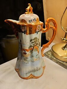 Antique Japanese Tea Hot Chocolate Pot Orange Gold Pictoral Women Boat 9 X5