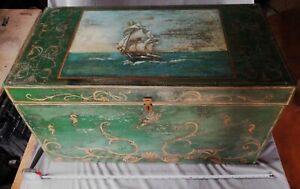 Hand Painted Seaman S Chest Storage Box Sailing Ship Scene Early 20th Century