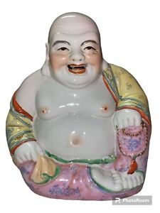 Vintage Large Chinese Famille Rose Bisque Porcelain Laughing Buddha Statue