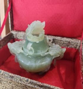 Antique 1930 Chinese Natural Green Jade Perfume Burner Dragons 5 1 2 Tall W Box