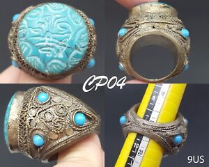 Unique Islamic Intaglio Arabic Writing Turquoise Silver Ring Size 9 Us Cp04