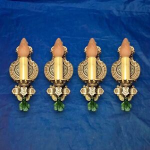 Rare Four 4 Antique Large Sconces Beautiful Finish Green Prisms Wired 43f