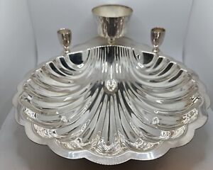 Vintage Wm Rogers Silver Seashell Clam Serving Tray With Dip Cup Candle Holder